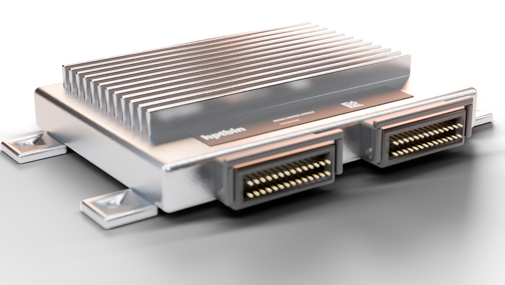 Engine control module with two sealed connectors, rendered in 3D